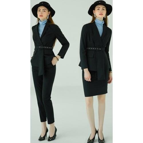 Women s office suits set professional female business lady suit plus size black striped blazer pant tailor made 2019 free ship