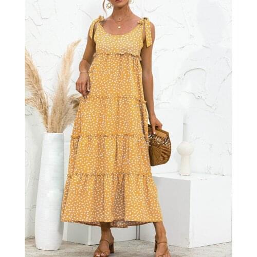 Loose Polka Dot Print Lace-up Spaghetti Strap Long Dress Women Summer Ruffles Cake Splice Casual Boho Beach Maxi Dresses 2021