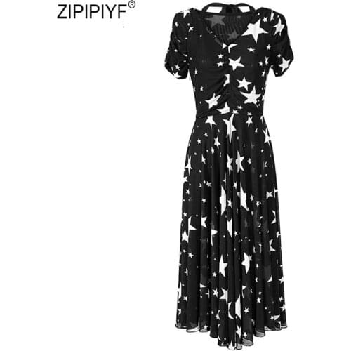 Double Layer Elastic Mesh Fabric Star Gauze Dress 2019 New Style Black Halter Dress Summer Temperament OL V-Neck Dress C1686