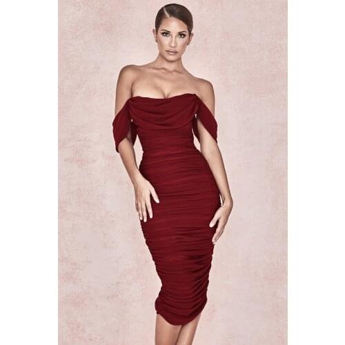 High Quality Sexy Women Slash Neck Wine Rayon Bandage Simple Elegant Homecoming Evening Party Dress