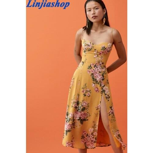 2021 Vintage France Floral Print Lacing up Adjust Spaghetti Strap Midi Dress Sexy Women Elastic Back Side Split Sling Robe