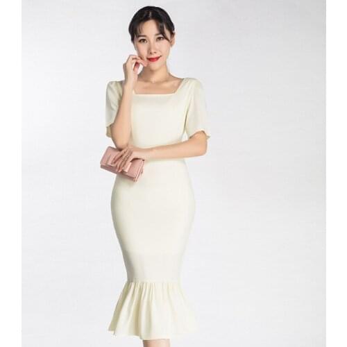 Autumn High-end Party Dresses Bodycon Office Vestidos Bandage Mermaid Dress Women Short Sleeve Square Collar Vintage Dresses