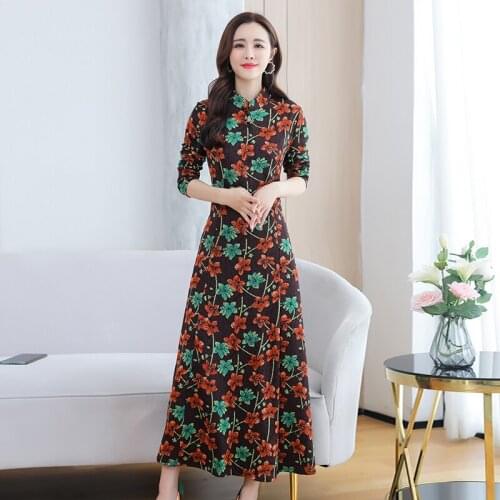2020 Autumn Winter Women Dress High Quality Retro Chinese Style Elegant Improved Cheongsam Dress Fashion Jacquard Long Dress