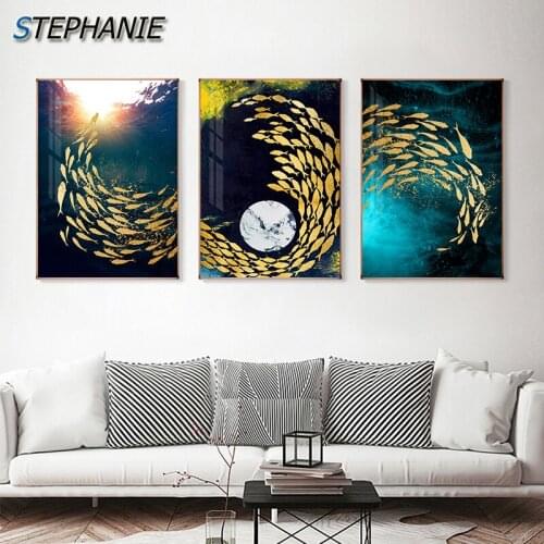 Abstract Yellow Fish Posters and Prints White Moon Canvas Painting Blue Wall Art Picture for Living Room Fashion Home Decoration