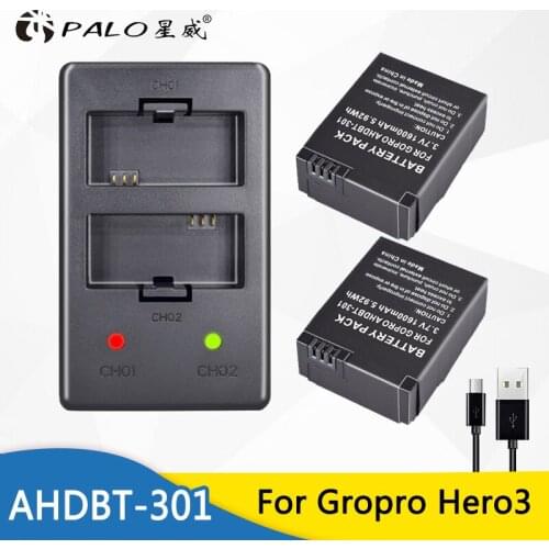 PALO For GoPro Accessories 2x 3.7V 1600mAh Li-ion AHDBT-301 AHDBT-201 Rechargeable Batteries + Dual Charger for Gopro Hero 3/3