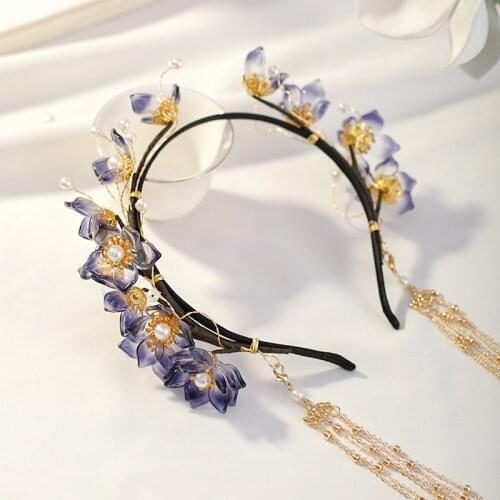 Ancient Chinese Style Hair Accessories Handmade Dark Blue Flowers Faux Pearl Long Tassel Hair Band Suitable Hanfu Decor BN