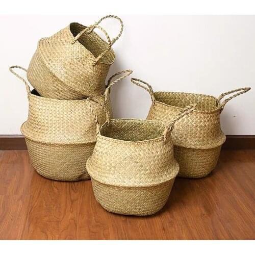 Handmade Bamboo Storage Basket Folding Clothes Laundry Basket Straw Wicker Rattan Seagrass Belly Garden Flower Organizer Basket