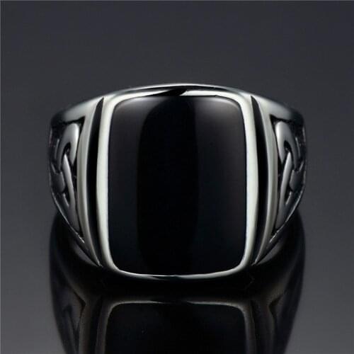 CFBulongs Punk Titanium Steel Men Ring Flat Black Stone Nordic Viking Jewelry Retro Wedding Party Gift