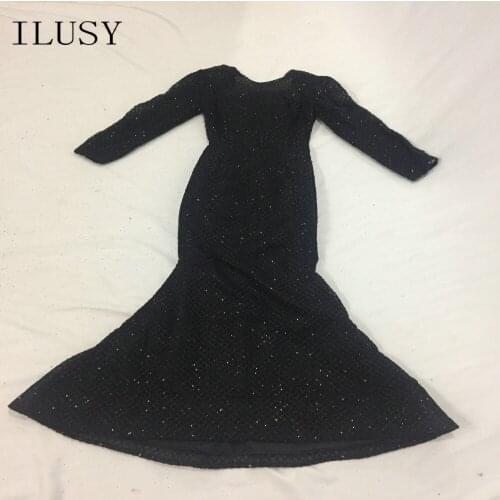 ILUSY Glitter Fabric Evening Dresses Bling Bling Long Sleeve Mermaid Prom Gowns robe de soire