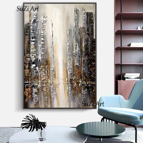 Large Size 100% HandPainted Golden Oil Painting On Canvas Abstract City Building Art Decorative Picture For Living Room Wall