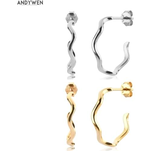 ANDYWEN New 925 Sterling Silver Gold Thin Twist Hoops Earring Deep Gold Color Huggies Loops Round Women Circle Jewelry Gift