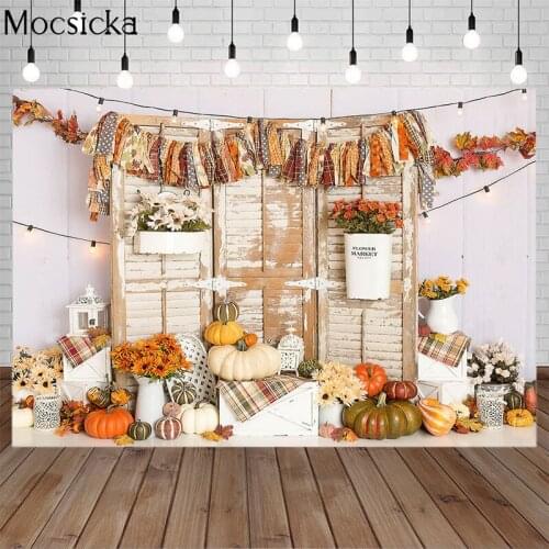 Mocsicka Halloween Photography Background Pumpkin Sunflower Wooden Door Backdrop Child Portrait Photo Decoration Props Studio