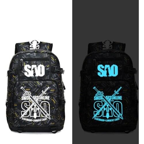 SAO Sword Art Online Backpack Fashion Laptop Travel Backpack with USB port students Book School Bag Glow in the dark Luminous
