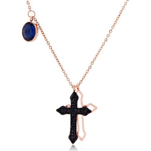 Stainless Steel Rose Gold Double Black Cross Pendant Necklace Women Ladies Stone Cross Necklaces Jewelry Gift For Him with Chain