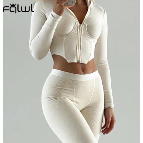 FQLWL Fall Streetwear 2 Two Piece Sets Womens Outfits Long Sleeve Zipper Hooded Crop Top Skinny Pants Suits White Matching Sets