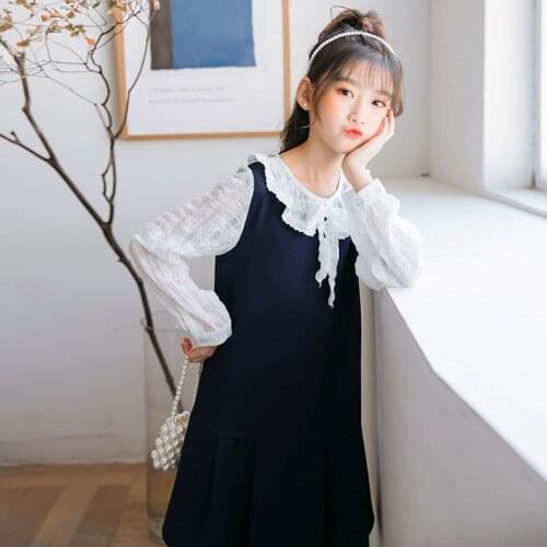 New Girls 2021 Spring Long Sleeve Dress Childrens Cotton Lace Bow Tie Collar Solid Ponte And Crinkle Patchwork Dress One Piece