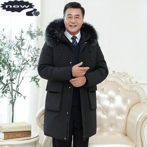Winter Vintage Mens Thick Warm Mid Long Down Jacket Fur Collar Hoody Straight Overcoat Casual Male Windproof Outerwear Coat