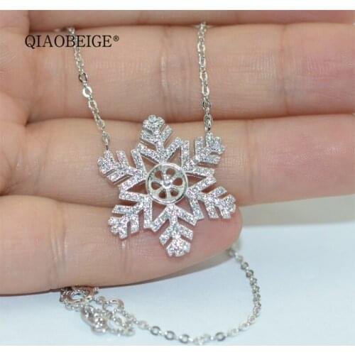 QIAOBEIGE 2pc Sterling Silver 925 White Gold Color Semi Mount Pendant Necklace snowflake Christmas Jewel Pearl Gemstone Setting