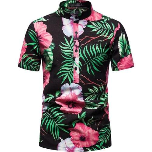 Pink Flower Shirts Men Stand Collar Casual Mens Shirt Hawaiian Oversized Short Sleeve Camisas Summer Holiday Beach Streetwear