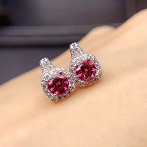 2021 Silver New Product Fashion Hot Sale Stud Earrings Temperament Full Diamond Simulation Red Tourmaline For Women Ear Jewelry