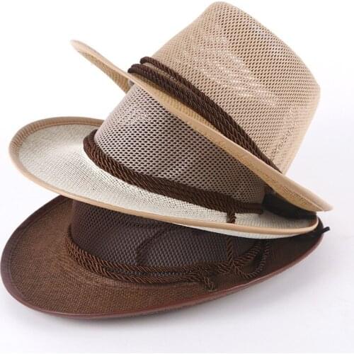 New Breathable Mesh Men Western Cowboy Hat Outdoor Straw Hats Men Summer Seaside Beach Cap Camping Men Sun Caps