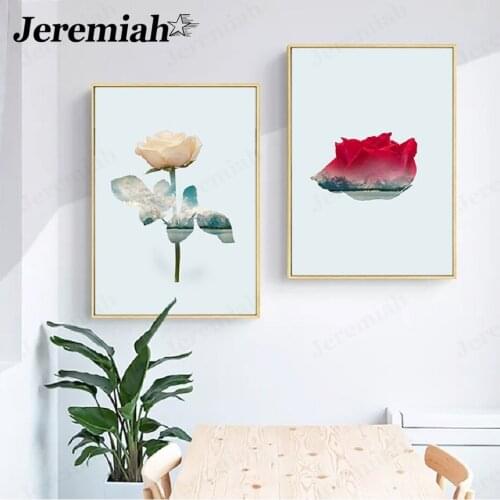 Nordic Minimalist Rose Flower Canvas Painting Green Leaf Abstract Poster Wall Art Modern Home Living Room Decoration Accessories