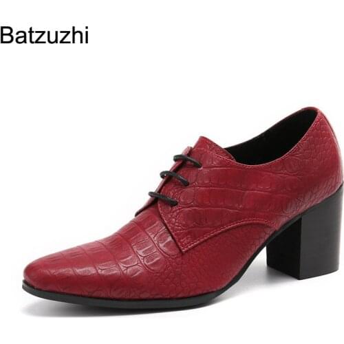 Batzuzhi Shoes Men 7.5cm High Heels Pointed Toe Brown Genuine Leather Dress Shoes Men Lace-up Fashion Party Shoes Zapatos Hombre