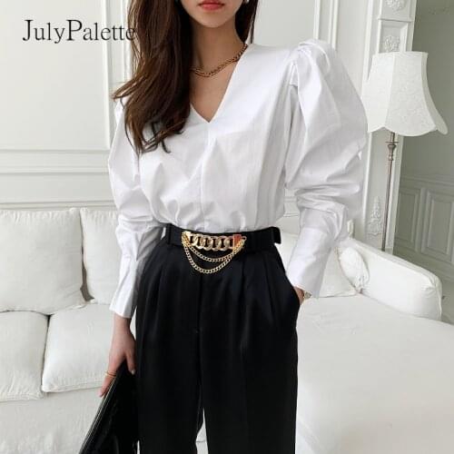 JulyPalette Casual White V-neck Blouses 2021 Spring Solid Ladies Long Puff Sleeve Tops Elegant Women Work Shirt blusas mujer