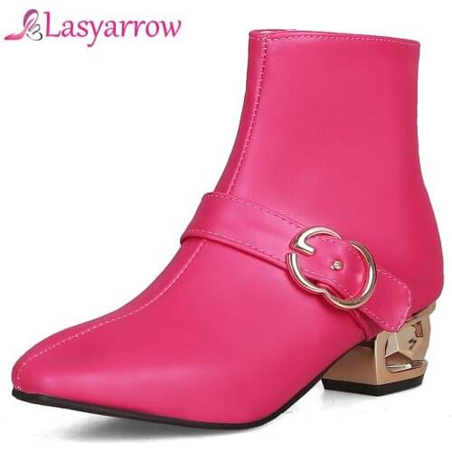 Lasyarrow Zipper Botas Mujer Metal Middle Heels Fashion Short Boots Women Sexy Ankle Boots Martin Botas Femininas Plus Size 48