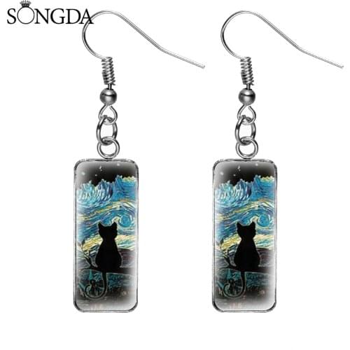 Van Gogh Art Cat Silhouette Moon Rectangular Earring Painting Sky Cartoon Dangly Glass Fish Hook Earrings Handmade Jewelry