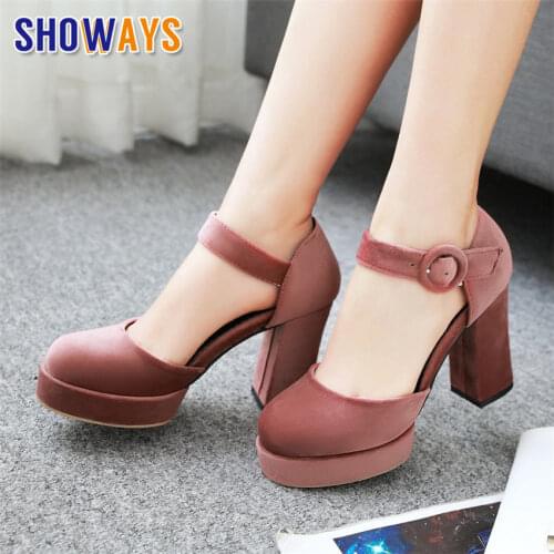 Plus Size Summer Women Platform Pumps High Chunky Heels Round Toe D'Orsays Red Velvet Wedding Office Ankle Strap Lady Mary Janes