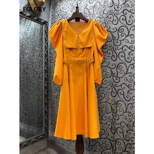 2020 Autumn Winter Fashion Runway Dress Women V-Neck Crystal Beading Deco Pleated Sleeve Mid-Calf Length White Yellow Dress XL