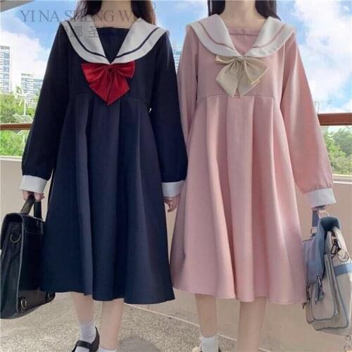 A-line Dress Women Sweet Kawaii Japanese Style College Autumn Sailor Collar Patchwork Bow Fashion Popular Leisure Loose Dress
