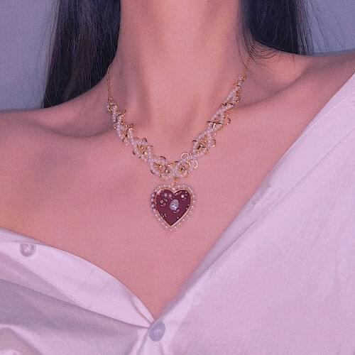 Vintage Sweet Choker Weave Pearls Choker Red Heart Colorful Beaded Irregular Flowers Rhinestone Necklace for Women