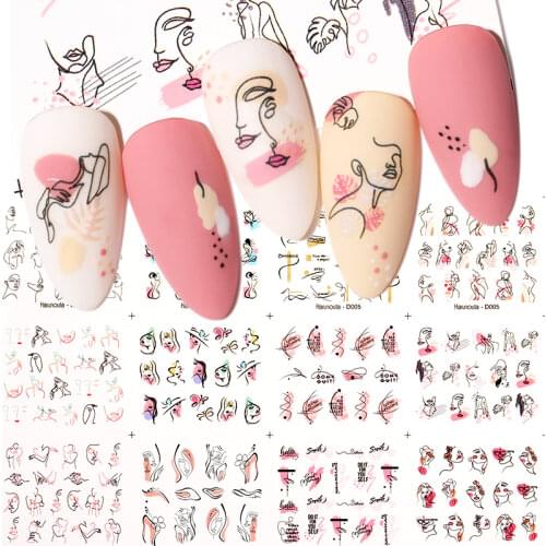 12 Styles Nail Water Decals Abstract Lady Face Pattern Nail Stickers Color Block Lines Leaf Flowers Sliders Manicures Foils Tips