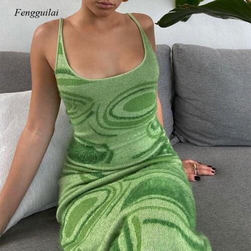 2021 Summer Hollow Printed Knitted Tight-Fitting Dress Womens Sexy Sleeveless Spaghetti Strap Beach Mid-Length Dress