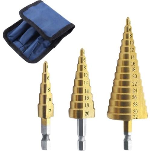 3Pcs 4-12mm 4-20mm 4-32mm HSS Straight Groove Step Drill Bit Titanium Coated Wood Metal Hole Cutter Core Cone Drilling Tools Set