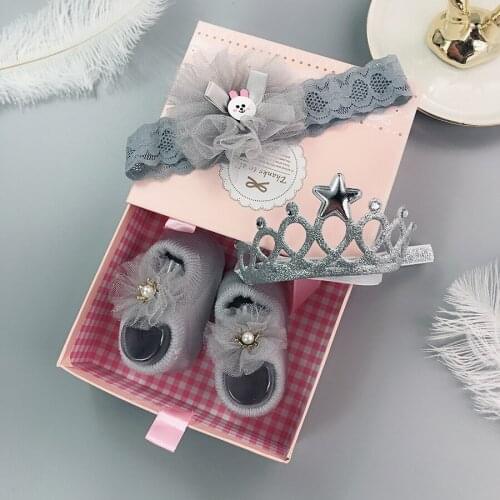 4PCS baby lace flower pure cotton socks elastic bow knot crown headband newborn headband socks set baby girl hair accessories