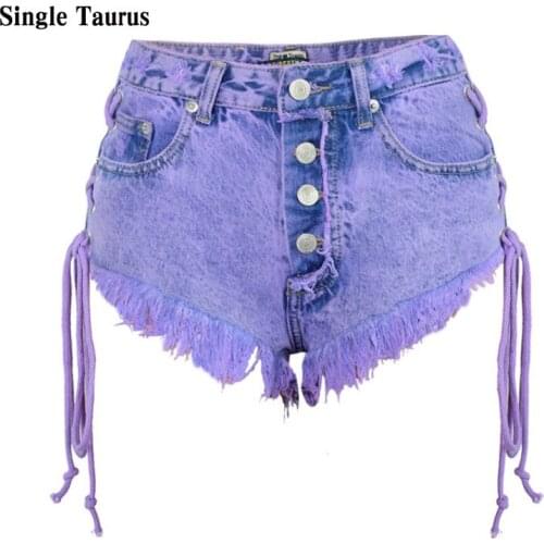 Fluorescence Macarons Purple Bandage Shorts Women High Waist Personality Slim Jeans Ribbons Ribbons Tassel Pantalon Corto Mujer