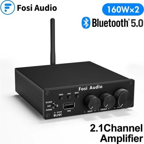 Fosi Audio Bluetooth Stereo Audio Receiver Amplifier 2.1 Mini HiFi Class D Amp U-Disk Player For Passive Speaker 160W x2