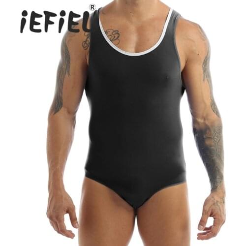 IEFiEL Mens Lingerie Sleeveless Stretchy One-piece High Cut Wrestling Singlet Leotard Bodysuit Underwear Transparent Shapers