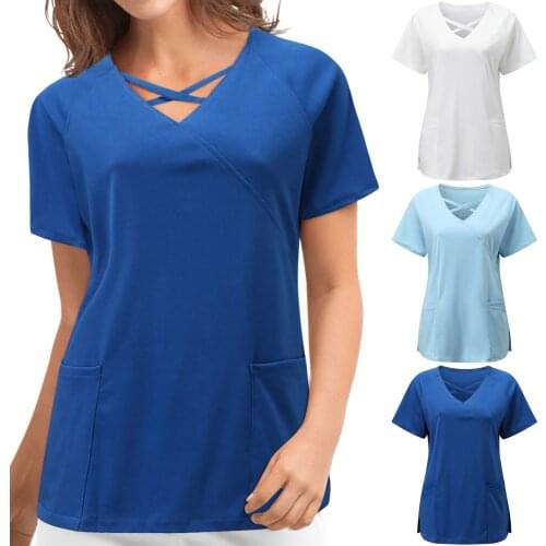 Clinical Uniforms Woman 2021 Women Short Sleeve V-neck Nurse Tops Nursing Working Uniform T-shirts медицинская одежда жен