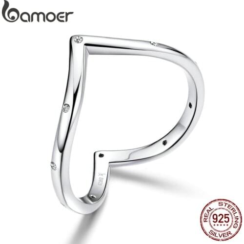 Bamoer Authentic 925 Sterling Silver Heart Finger Rings for Women Minimalist Simple Ring for Wedding Engagement Jewelry SCR622