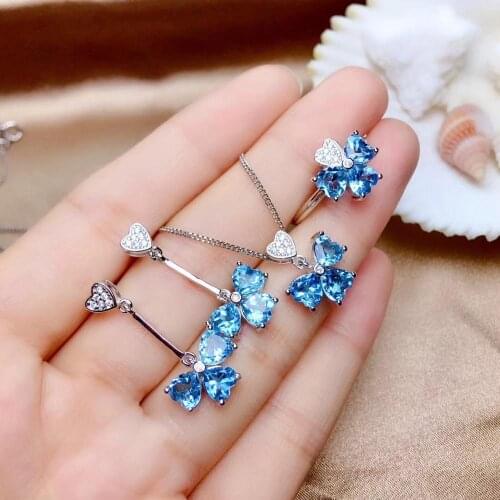 Blue topaz gemstone jewelry set including ring earrings necklace with 925 silver hot selling gift style