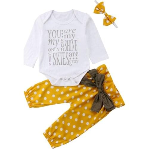 Newborn Baby Girls Clothes Set Autumn Long Sleeve Letter Bodysuits Dot Bowknot Pants Headband 3Pcs Girl Clothing Outfits 0-24M