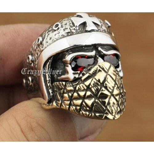 Motorcycle Helmet Skull Ring CZ Stone Eyes 925 Sterling Silver Brass Mens Biker Rock Punk TA2X US Size 7 to 15