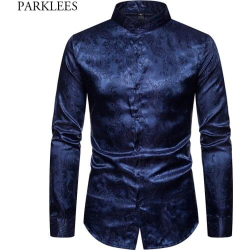 Mens Paisley Shirt Luxury Design Mandarin Collar Long Sleeve Floral Print Slim Fit Dress Shirts Wedding Party Club Social Shirt