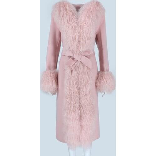 OFTBUY 2021 Real Fur Coat Winter Jacket Women Natural Mongolia Sheep Fur Collar Hooded Cashmere Wool Blends X-Long Outerwear New