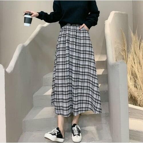 Autumn Winter Women Elegant Vintage Plaid Skirt Female England High Waist Pleated A-Line Mid-Calf Long Skirts Mujer Clothes