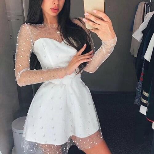 2020 Sexy Women Gauze Long Sleeve Slim Fit Party White Dress Elegant Ladies Banquet Sequined Ball Gown Summer Mini Dresses